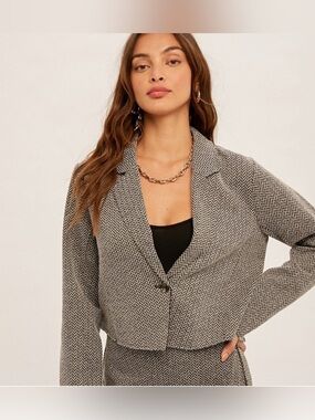 NWT HEM & THREAD Cropped Herringbone Blazer, Black White Tweed Jacket, Modern L